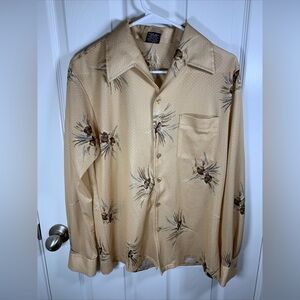 JOEL Vintage Cal-Made 70s Disco Shirt Polyester Beige Floral Button Down Size M